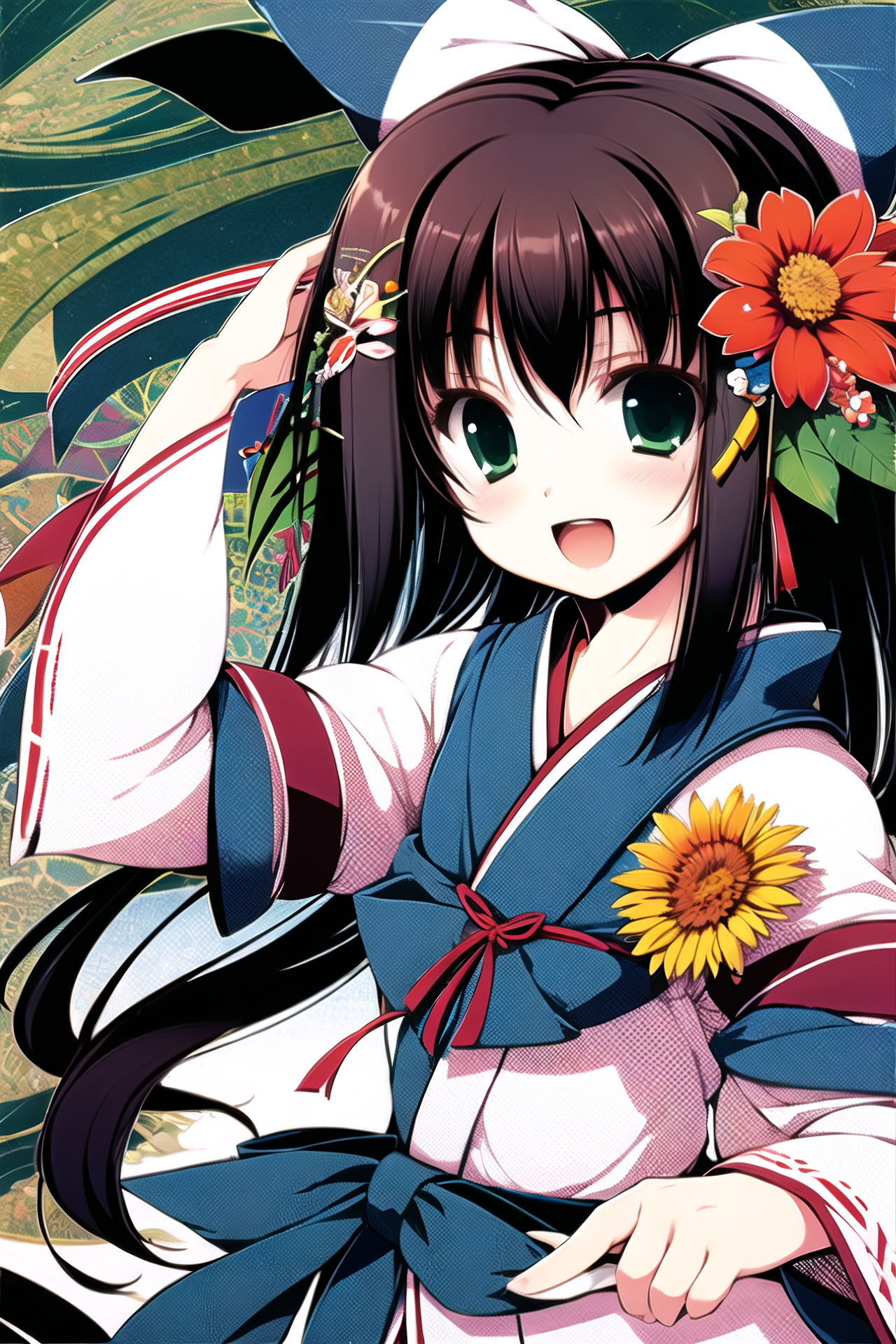 02710-4265700982-1girl, solo, yagasuri, green eyes, brown hair, japanese clothes, hair ornament, flower, bow, hair bow, open mouth, smile, hair f.png